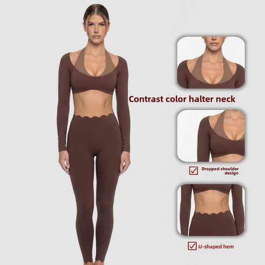 Halter Neck Color Block Yoga Set with High Waist Fitness Pants